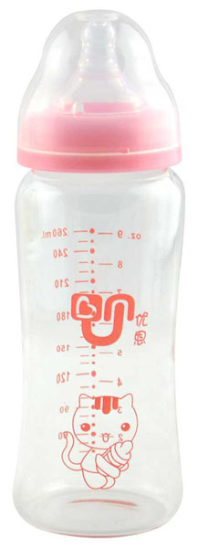 優(yōu)恩粉色寬口晶鉆直身玻璃奶瓶260ml