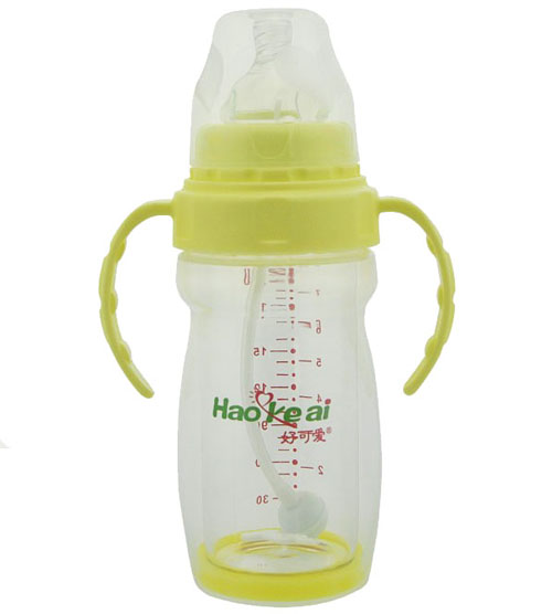 好可愛寬口自動(dòng)吸管手柄雙層晶鉆玻璃奶瓶240ML