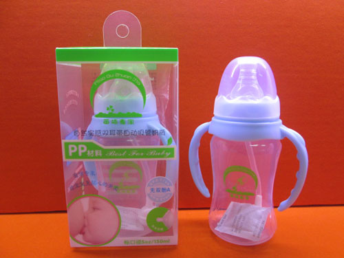 苗哺專家5安標(biāo)口雙耳帶自動吸管pp奶瓶150ml