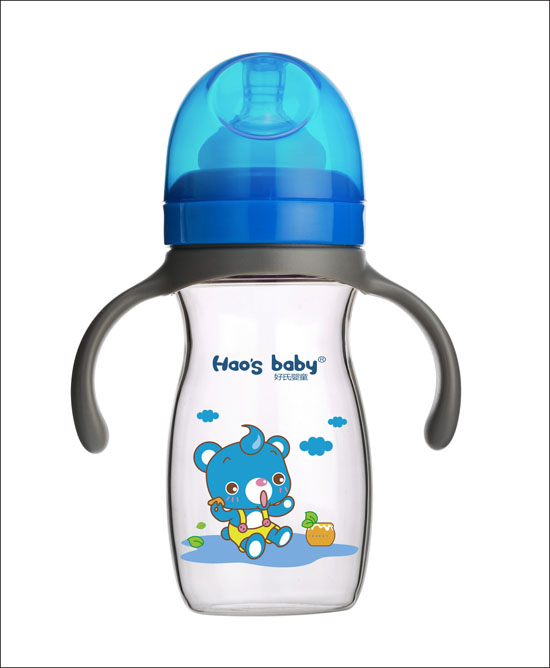 好氏嬰童小熊印花藍(lán)色雙柄奶瓶