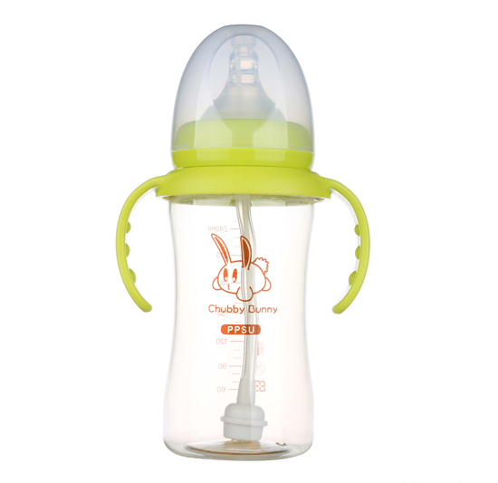 丘比兔PPSU寬口徑葫蘆型自動把手奶瓶240ML青色