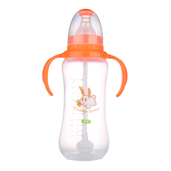 丘比兔PP標(biāo)準(zhǔn)口徑葫蘆型自動把手奶瓶240ML橙色