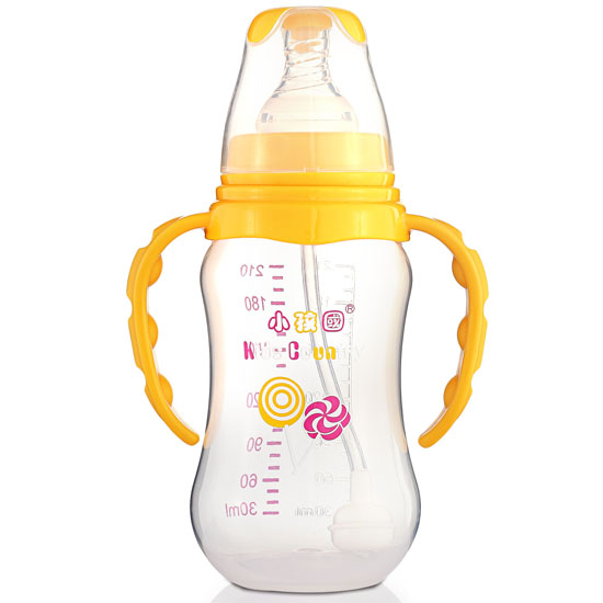 小孩國(guó)標(biāo)口自動(dòng)弧形PP安全奶瓶210 ML黃色