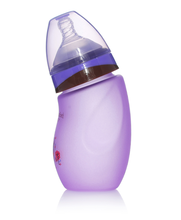 芭芘寶貝高硼硅包膠玻璃彎頭奶瓶紫色