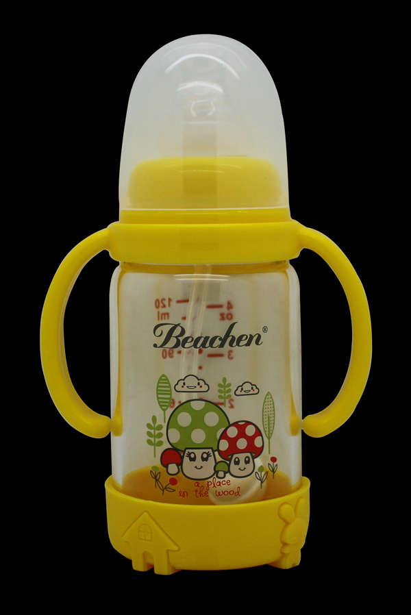 貝臣120ml 標(biāo)口直身晶鉆玻璃帶手柄自動(dòng)吸奶瓶