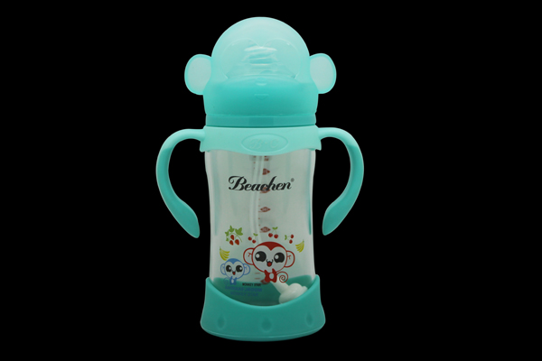貝臣240ml 寬口弧形晶鉆玻璃帶手柄自動(dòng)吸奶瓶(帶底墊)