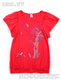 小豬班納大紅色圓領(lǐng)短袖針織衫